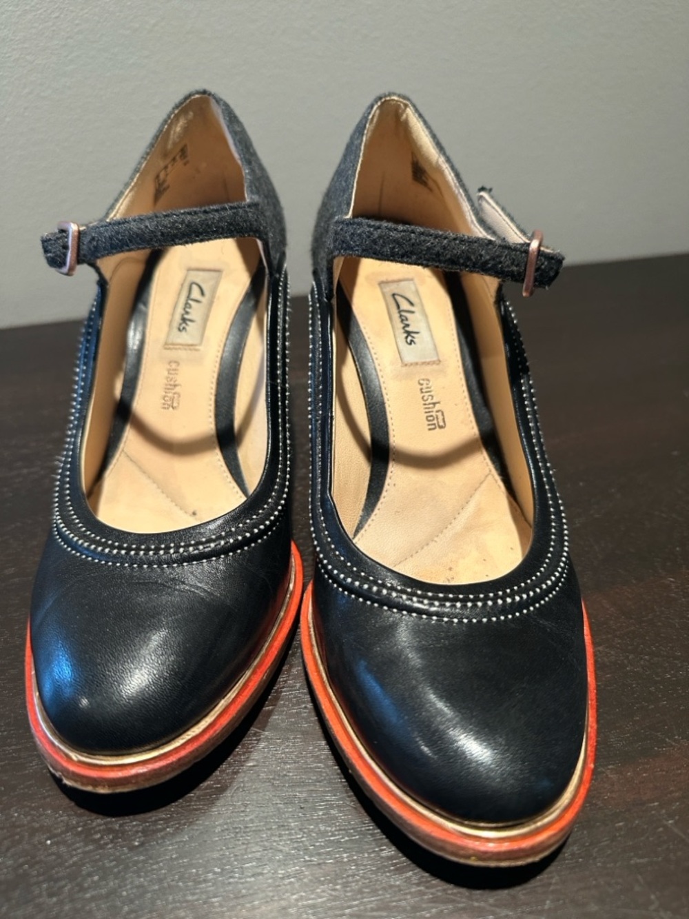 Clarks Black and Gray Mary Jane Block Heel Pumps with Pink Accent - Picture 11 of 12